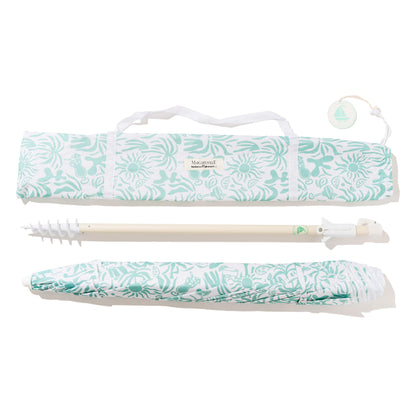 Business & Pleasure Co. Margaritaville Manana Umbrella - 6.5' Beach Umbrella Sand Anchor, 7' Tall Telescopic Aluminum Pole, UPF 50+, Last Mango Green Tiki