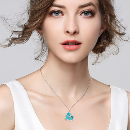 BETHZA Turquoise Palm Tree Necklace 925 Sterling Silver Natural Blue Turquoise Heart Pendant Summer Beach Necklace Genuine Gemstone Jewelry Gifts for Women