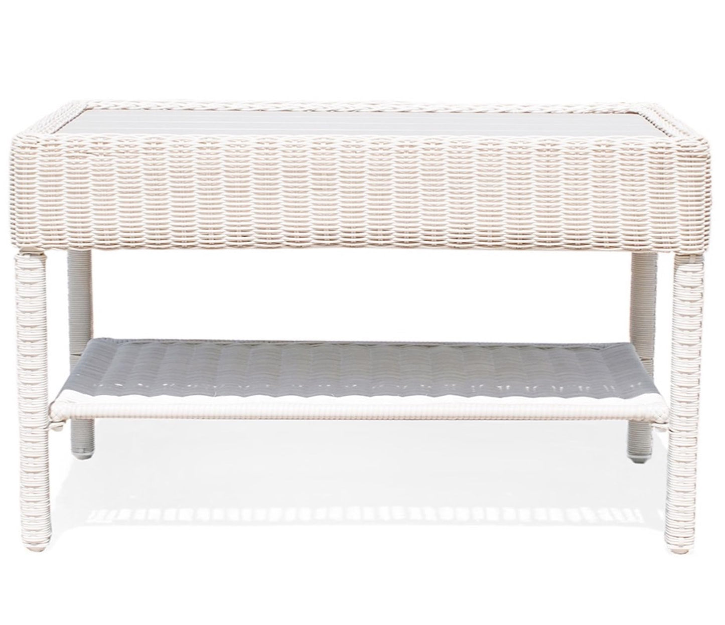 Krikacy Park Meadow Outdoor Wicker Coffee Table 34 Inch HDPE Rattan Patio Furniture with Double Shelves & Grey HIPS Top, Off White