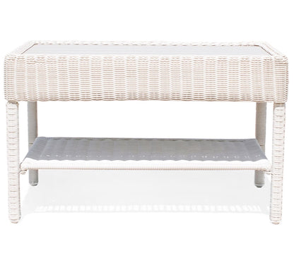 Krikacy Park Meadow Outdoor Wicker Coffee Table 34 Inch HDPE Rattan Patio Furniture with Double Shelves & Grey HIPS Top, Off White