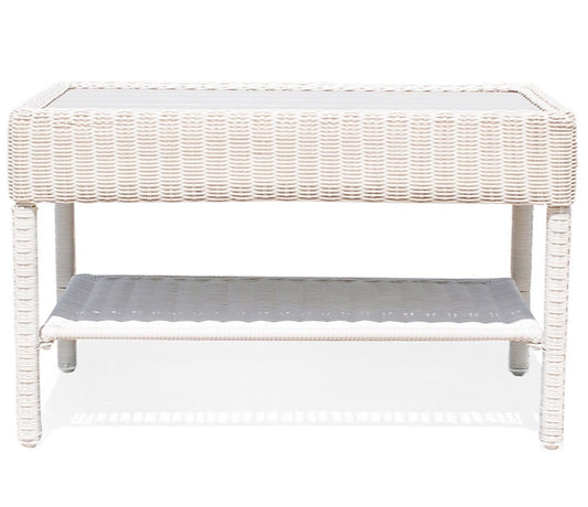 Krikacy Park Meadow Outdoor Wicker Coffee Table 34 Inch HDPE Rattan Patio Furniture with Double Shelves & Grey HIPS Top, Off White