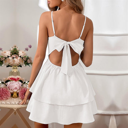 Vimagcal Women's Backless Bow Tie Short Dress Summer Models Sexy Halter Dresses (Color : White, Size : Small)
