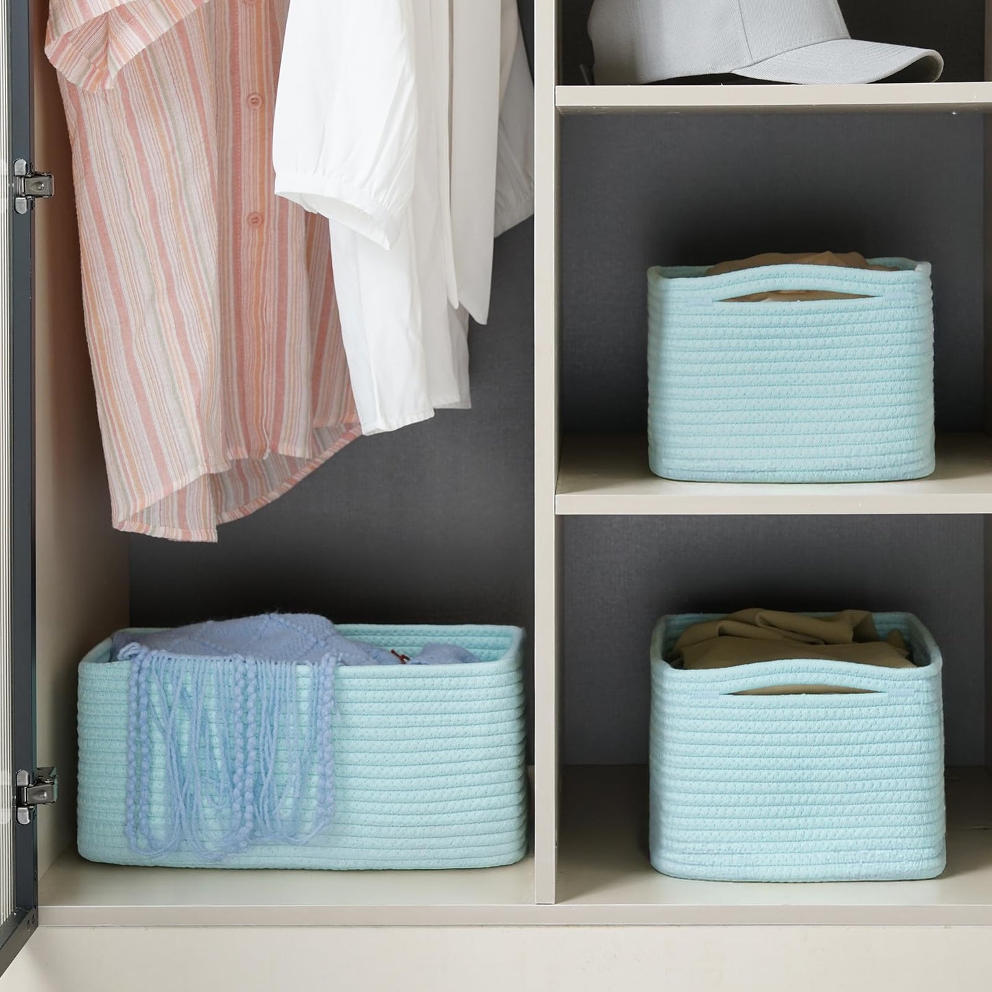 Maxuni 3-Pack Small Storage Baskets for Organizing | Woven Shelf Toy Basket | Rope Baskets for Gifts Empty | Closet Organizer Bins with Handles | Cube Decorative Box | 11.8×7.8×5.1” | Light Blue