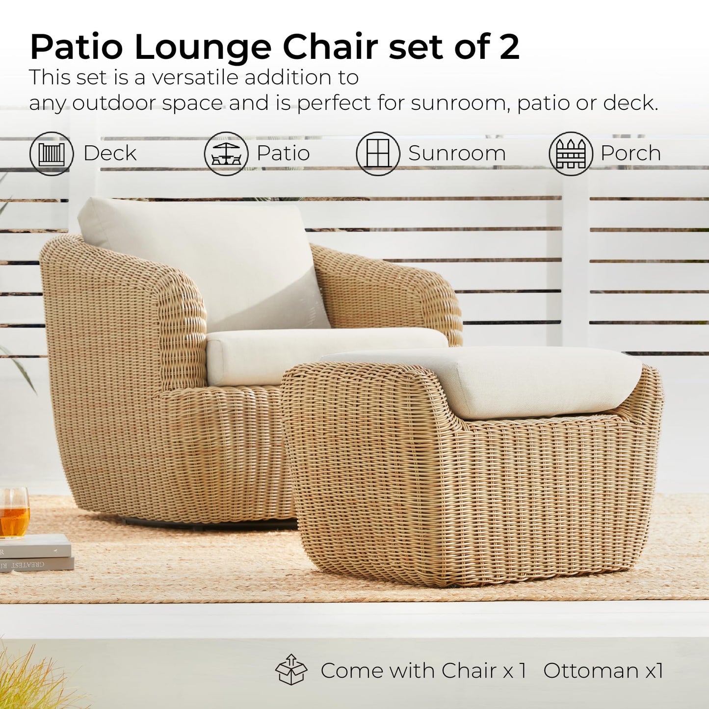 CHITA 2 Pieces Patio Wicker Furniture Set, Outdoor Rattan Chair Set with Removable Thickened Cushions, Fully Assembled(Beige Cushions with Light Brown Wicker)