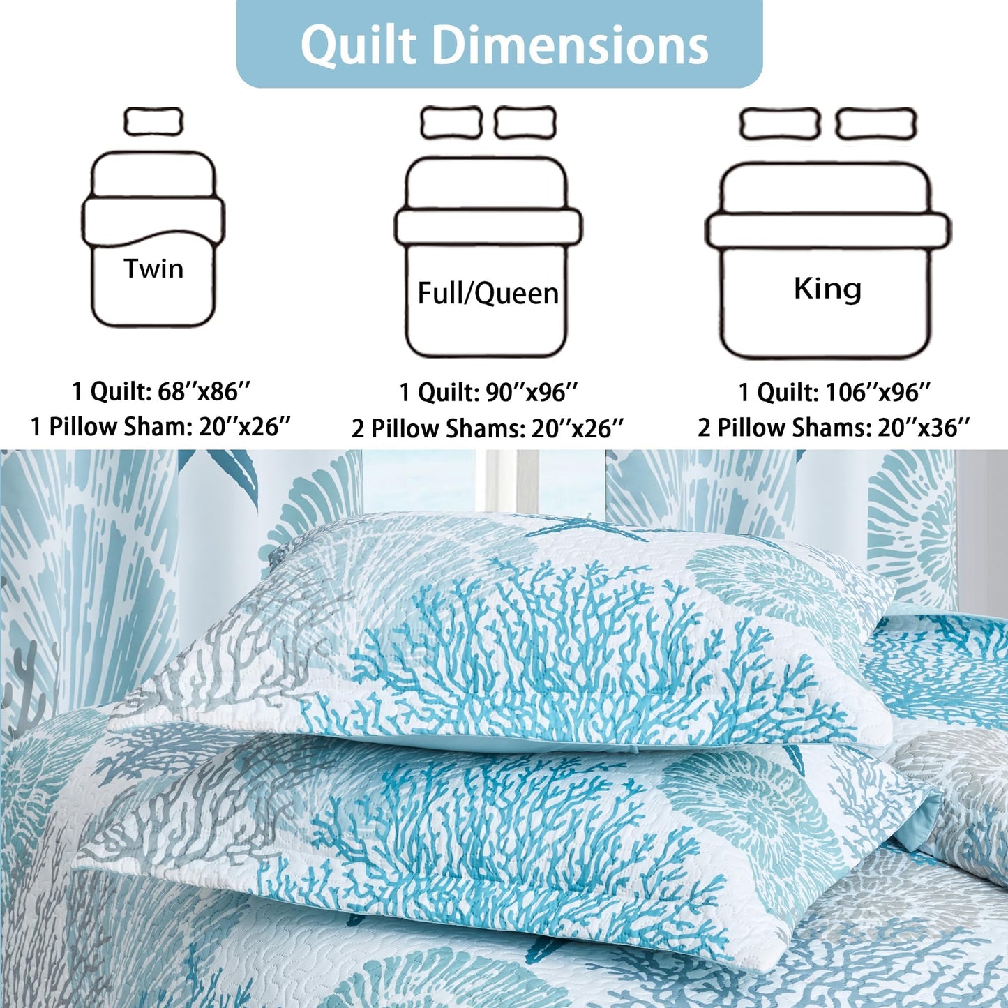 Tritard 3 Piece Coastal Quilt Sets King Size - Reversible Microfiber Quilts with 2 Shams Soft Lightweight Beach Bedding Nautical Bedspread Coverlet Summer Comforter Set for All Season, 106''x96''