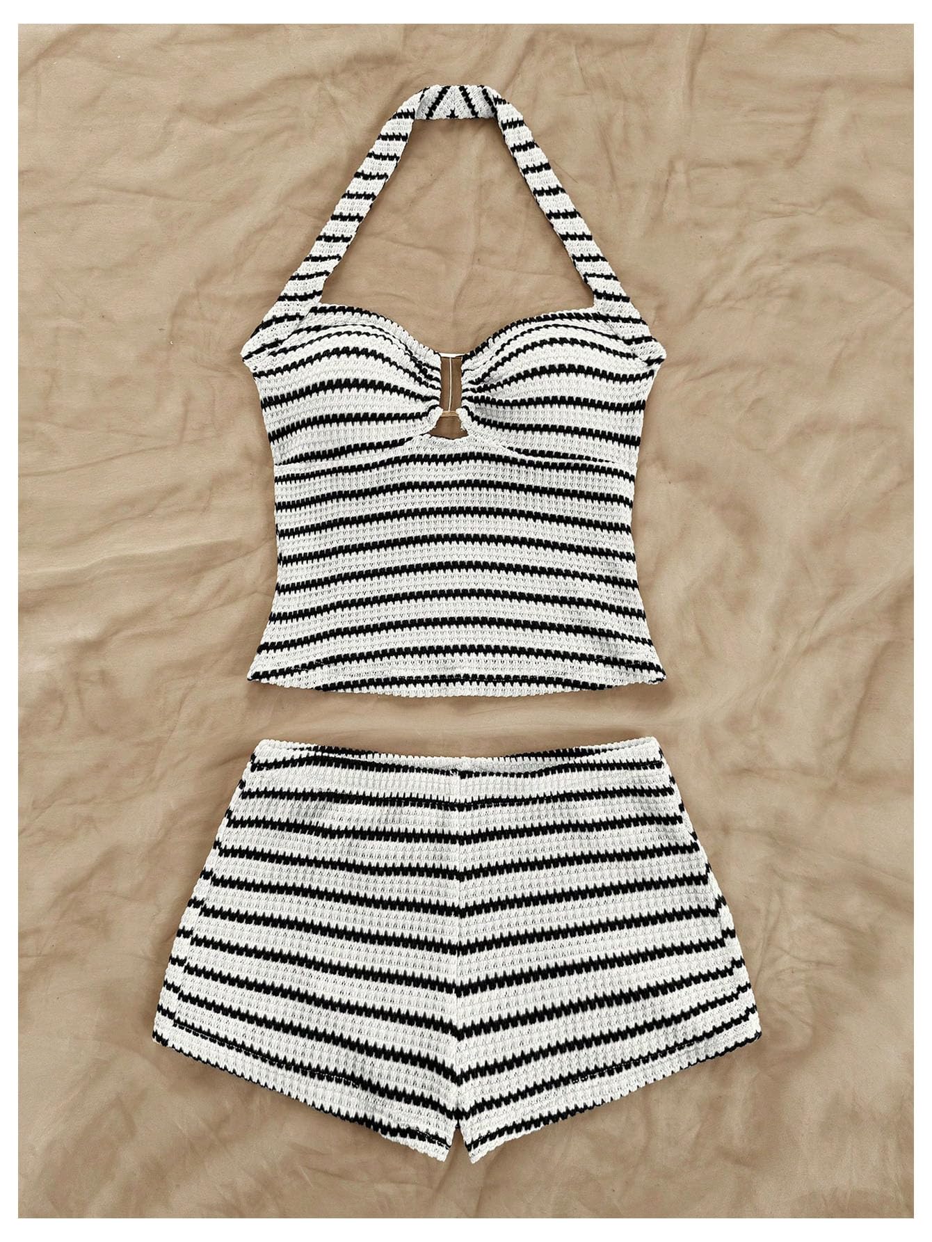 MakeMeChic Women's Summer 2 Piece Sets Striped Halter Tank Tops Mini Shorts Set Beach Vacation Outfits Black White Medium