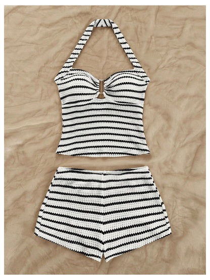 MakeMeChic Women's Summer 2 Piece Sets Striped Halter Tank Tops Mini Shorts Set Beach Vacation Outfits Black White Medium