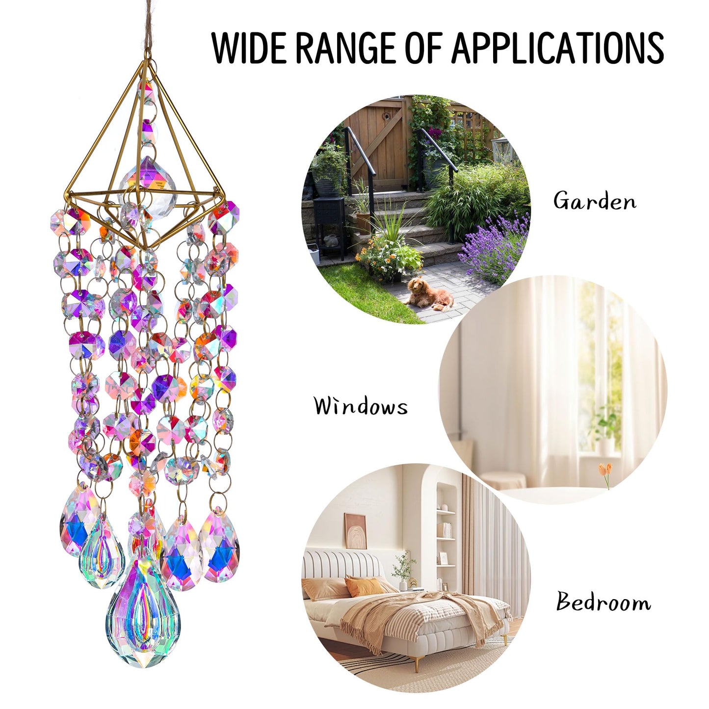 HDCRYSTALGIFTS Crystal Suncatchers for Window Hanging Wind Chime Style Garden Sun Catchers with Crystals Rainbow Maker Indoor Outdoor Decor Handmade Gold Plated