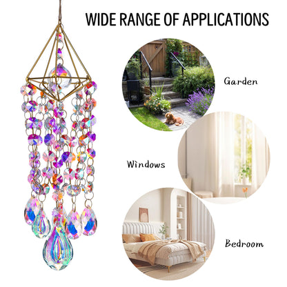 HDCRYSTALGIFTS Crystal Suncatchers for Window Hanging Wind Chime Style Garden Sun Catchers with Crystals Rainbow Maker Indoor Outdoor Decor Handmade Gold Plated