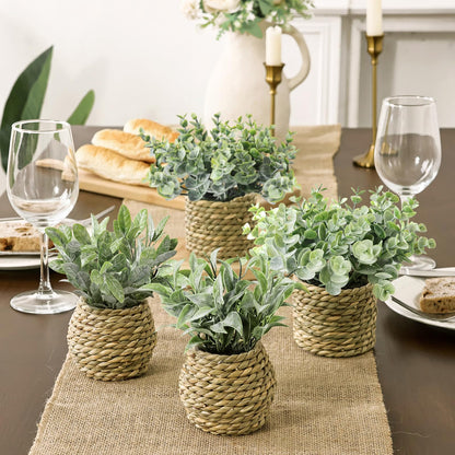Small Fake Potted Plants: 7 Inches Artificial Plants with Seagrass Handwoven Planters, Indoor Farmhouse Decorations, Eucalyptus Plant for Home Bathroom Office Shelf Tabletop Desk Room Decor or Gift