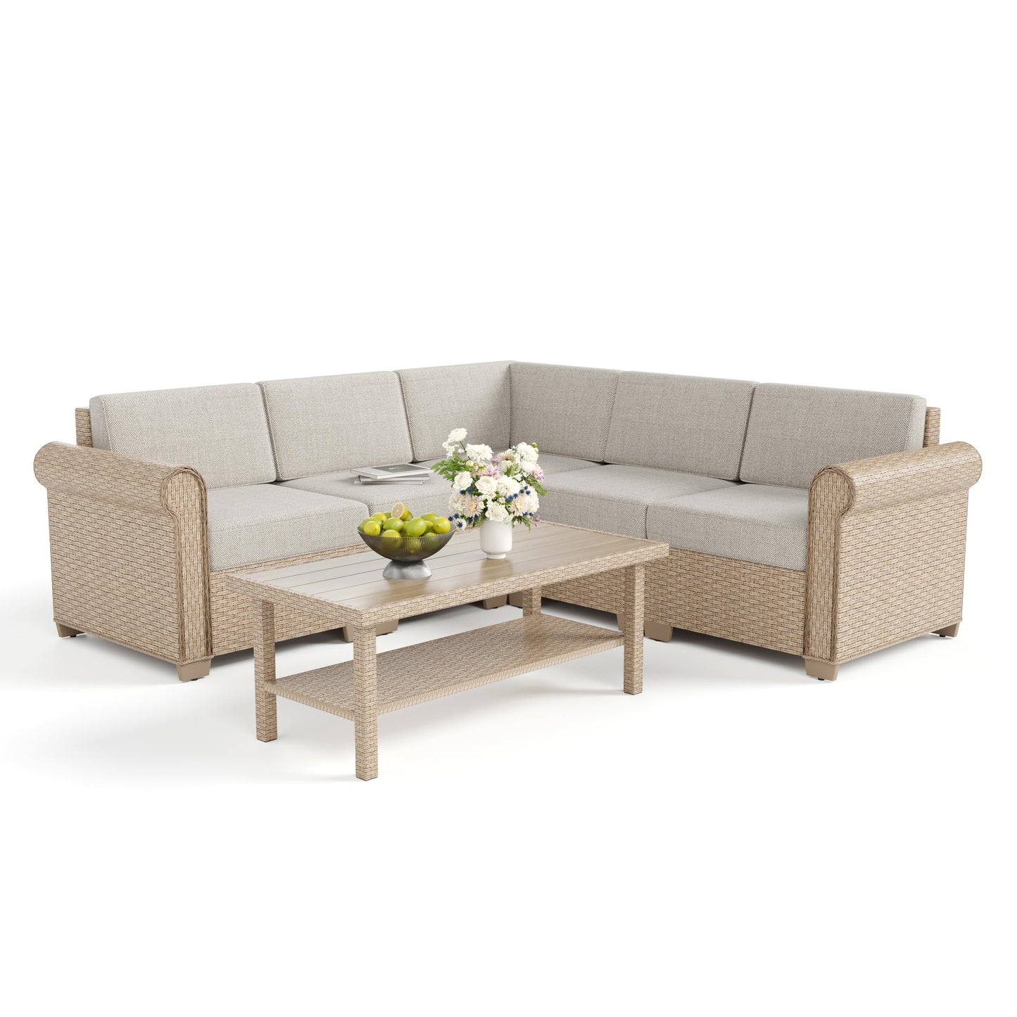Patio Furniture Set 6 Piece, Wicker Rattan Sectional Sofa Couch with 5.5" Thick Waterproof Cushion and Coffee Table, L Shape All Weather Outdoor Conversation Set for Lawn Backyard Deck, Beige