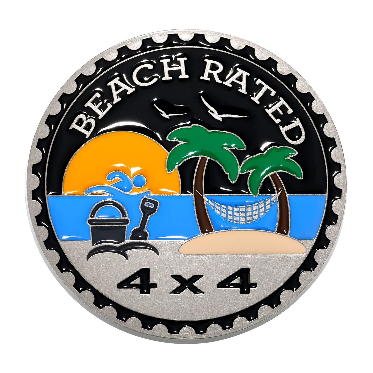 Frienda Beach Rated 4 x 4 Car Badge Metal Automotive Badge 3D Emblems Round Car Emblem Decals Stickers Compatible with Vehicles Trucks SUV