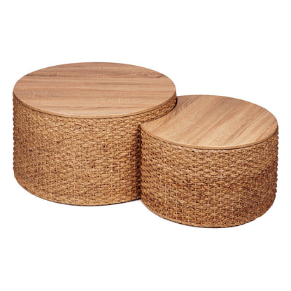 Giofanzo Round Nesting Coffee Table Set of 2 with Storage - Handwoven Wicker Rattan Ottoman Style, Boho Coastal Coffee Tables for Living Room, Rattan Coffee Table with Cover & Soild Wood Frame