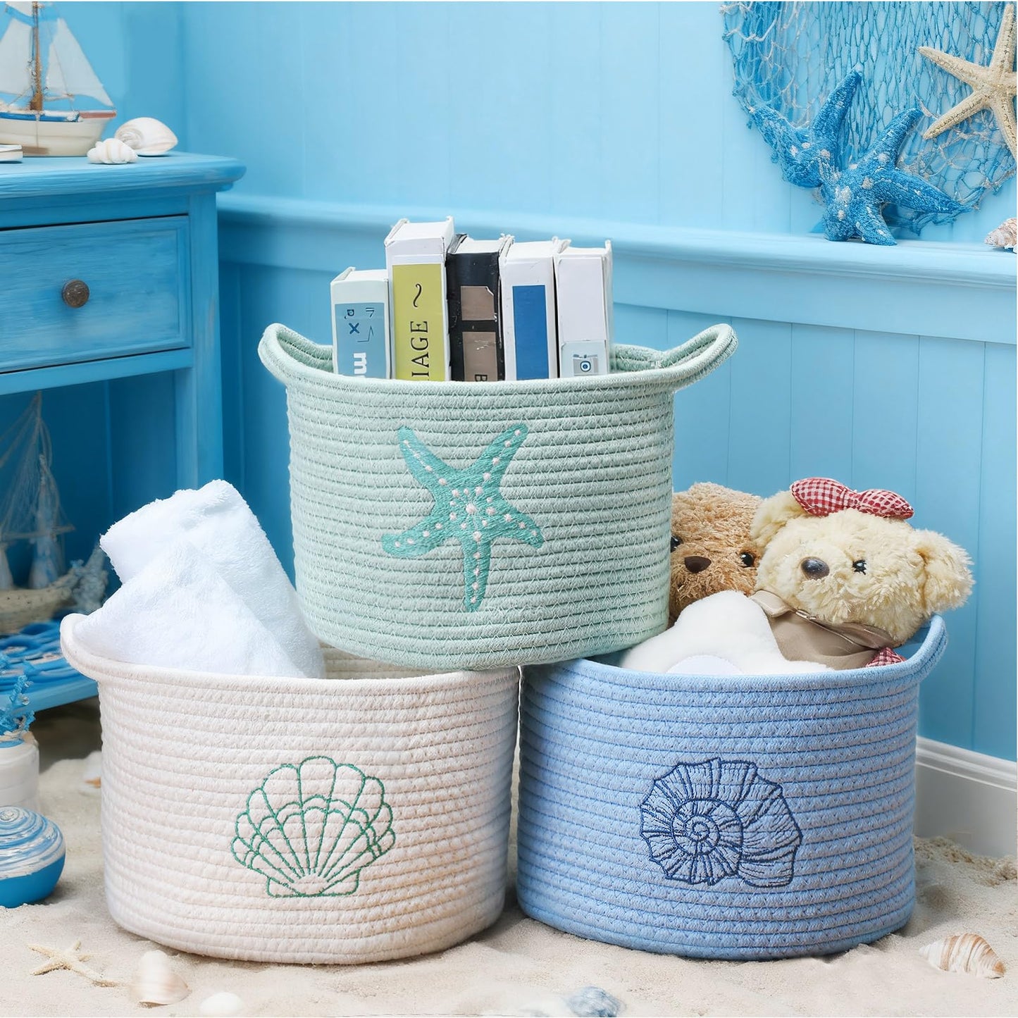 Vesici 3 Pcs Coastal Seashell Starfish Woven Baskets Blue White Green Beach Small Cotton Rope Storage Basket 9.7'' x 7.1'' Laundry Organizer with Handles for Toys Clothes Organization Nursery Bedroom