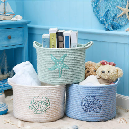 Vesici 3 Pcs Coastal Seashell Starfish Woven Baskets Blue White Green Beach Small Cotton Rope Storage Basket 9.7'' x 7.1'' Laundry Organizer with Handles for Toys Clothes Organization Nursery Bedroom