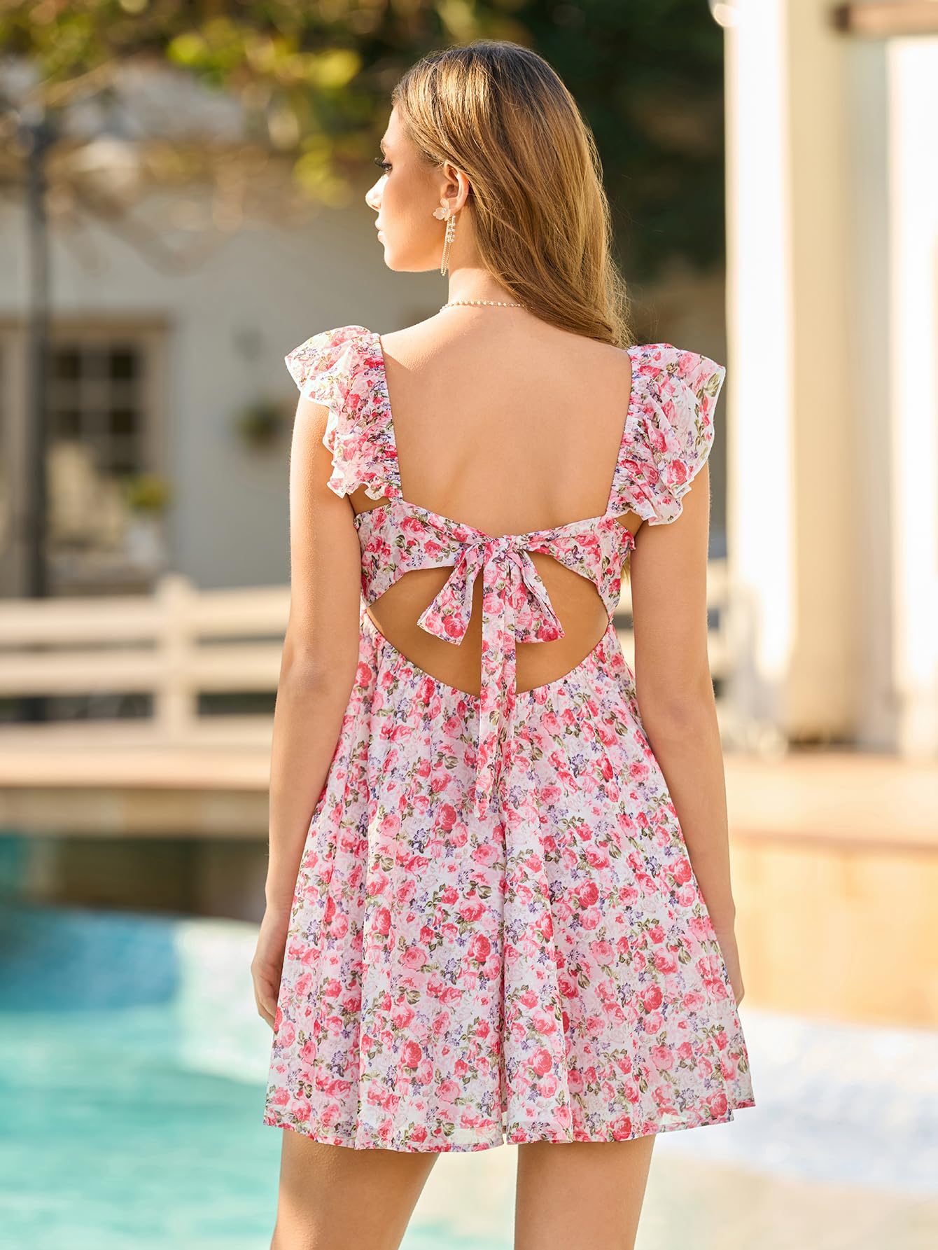 HTZMO Women Summer Floral Short Sundress V Neck Ruffle Bow Tie Sexy Backless A Line Flowy Cute Casual Beach Mini Dress 2026 Pink Floral M