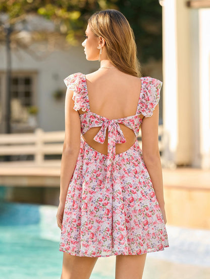 HTZMO Women Summer Floral Short Sundress V Neck Ruffle Bow Tie Sexy Backless A Line Flowy Cute Casual Beach Mini Dress 2026 Pink Floral M