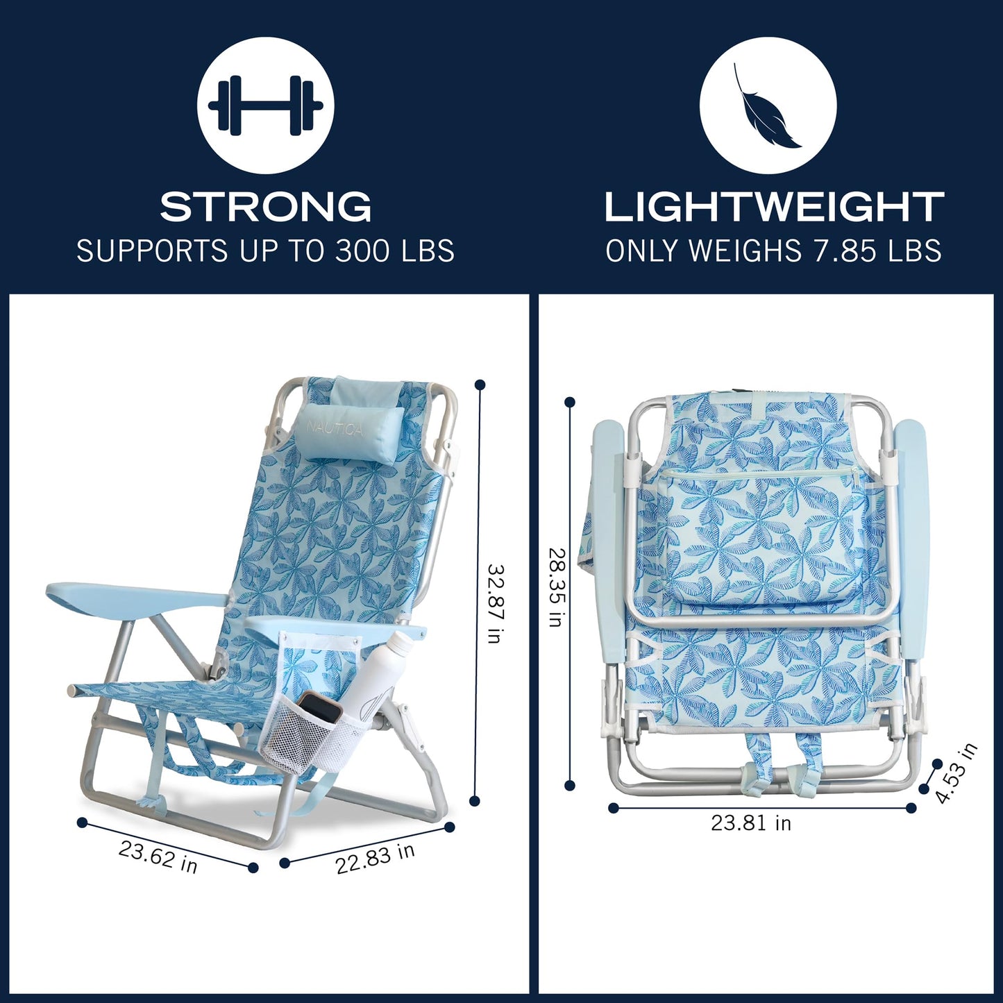 Nautica Beach Chair, Five Position Backpack Chair, Portable & Adjustable with Padded Pillow and Cup Holders and Attached Insulated Cooler Bag