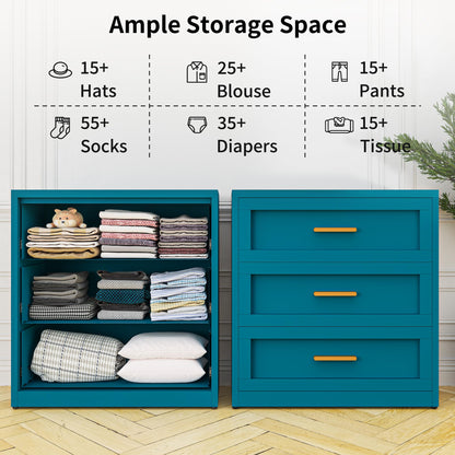 Baborokic Metal 3 Drawer Dresser for Bedroom,Closet Chest Dressers Storage with Drawers,Steel Dressers & Chests of Drawers, Wide Blue Metal Dresser Organizer for Bedroom,Living Room,Hallway