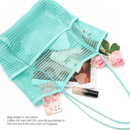 KPX Mesh Beach Bag, Tote Bag for Women Large Foldable Mesh Swimming Bag with Pockets - Sandproof, Waterproof (Blue-Style2)