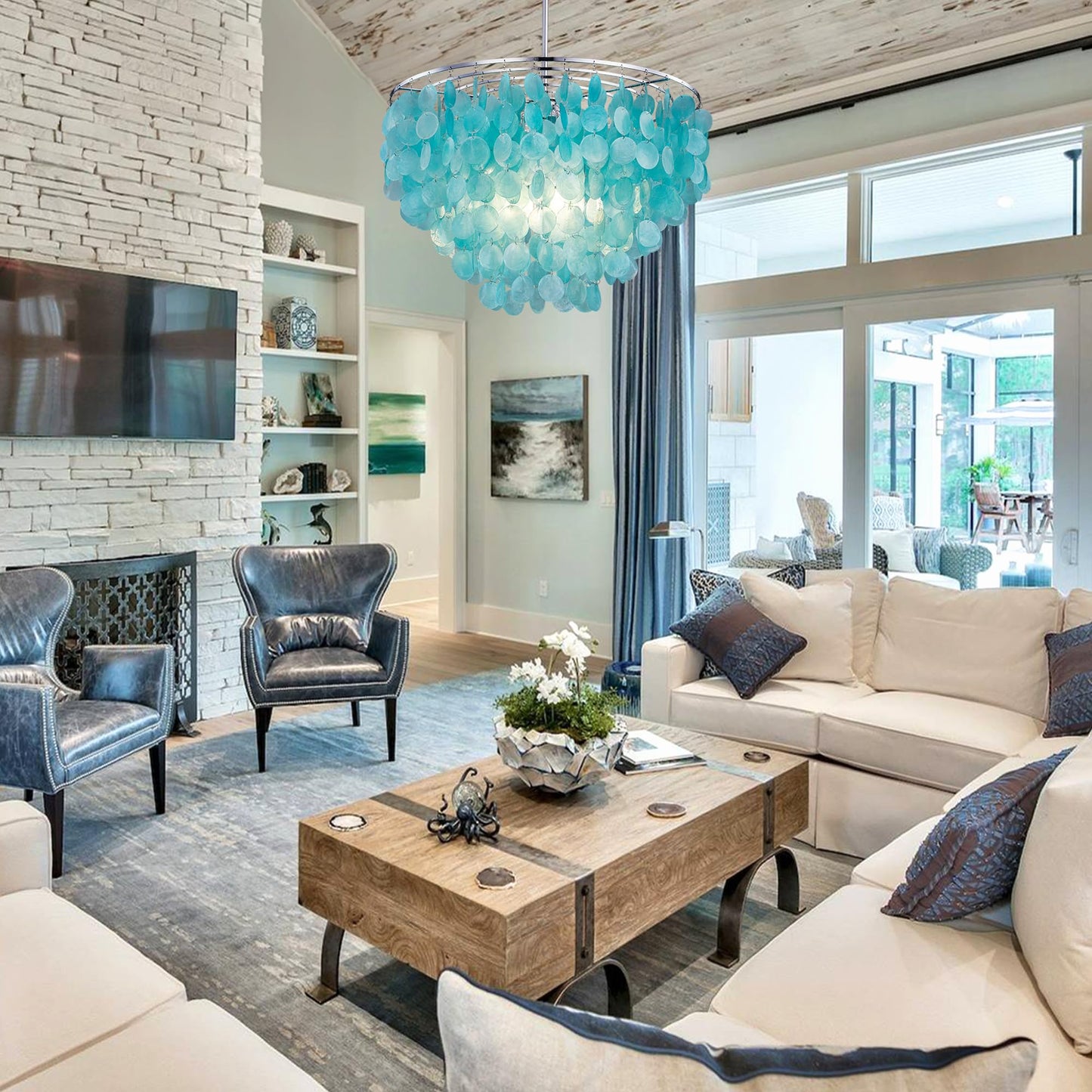 Wellmet Natural Capiz Shell Chandelier, 6 Lights Coastal Modern Blue Capiz Chandelier Pendant Lighting, Hanging Round Layered Chandelier for Living Room, Bedroom, Kitchen, Foyer, 23.62” D
