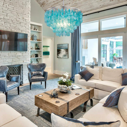 Wellmet Natural Capiz Shell Chandelier, 6 Lights Coastal Modern Blue Capiz Chandelier Pendant Lighting, Hanging Round Layered Chandelier for Living Room, Bedroom, Kitchen, Foyer, 23.62” D