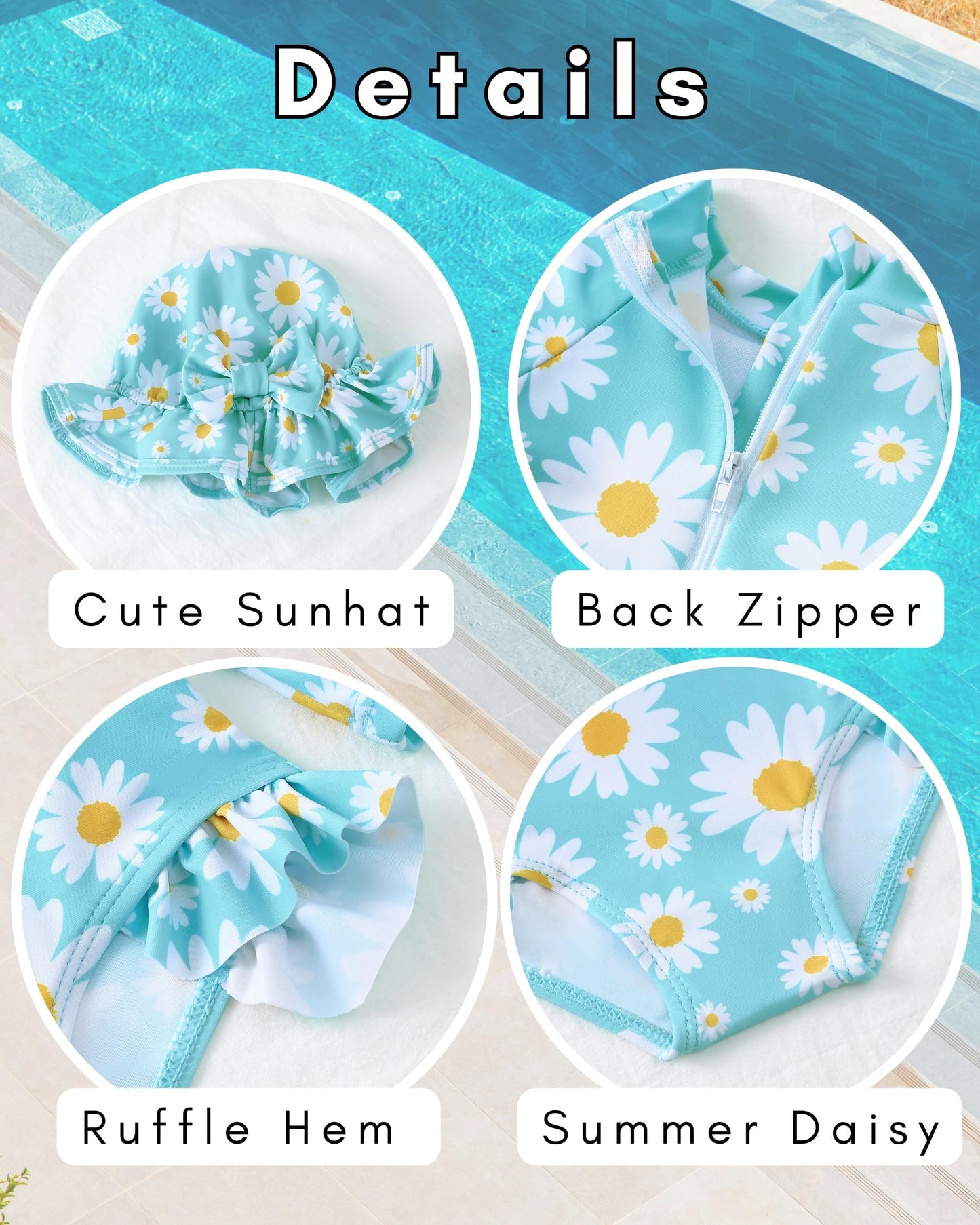 SODLON Baby Swimsuit Girl 3-6 Months Infant Long Sleeve Girls One-Piece Bathing Suit Ruffle Blue Daisy Newborn Swimwear with Hat & Headband Rash Guard Baby Beach Essentials