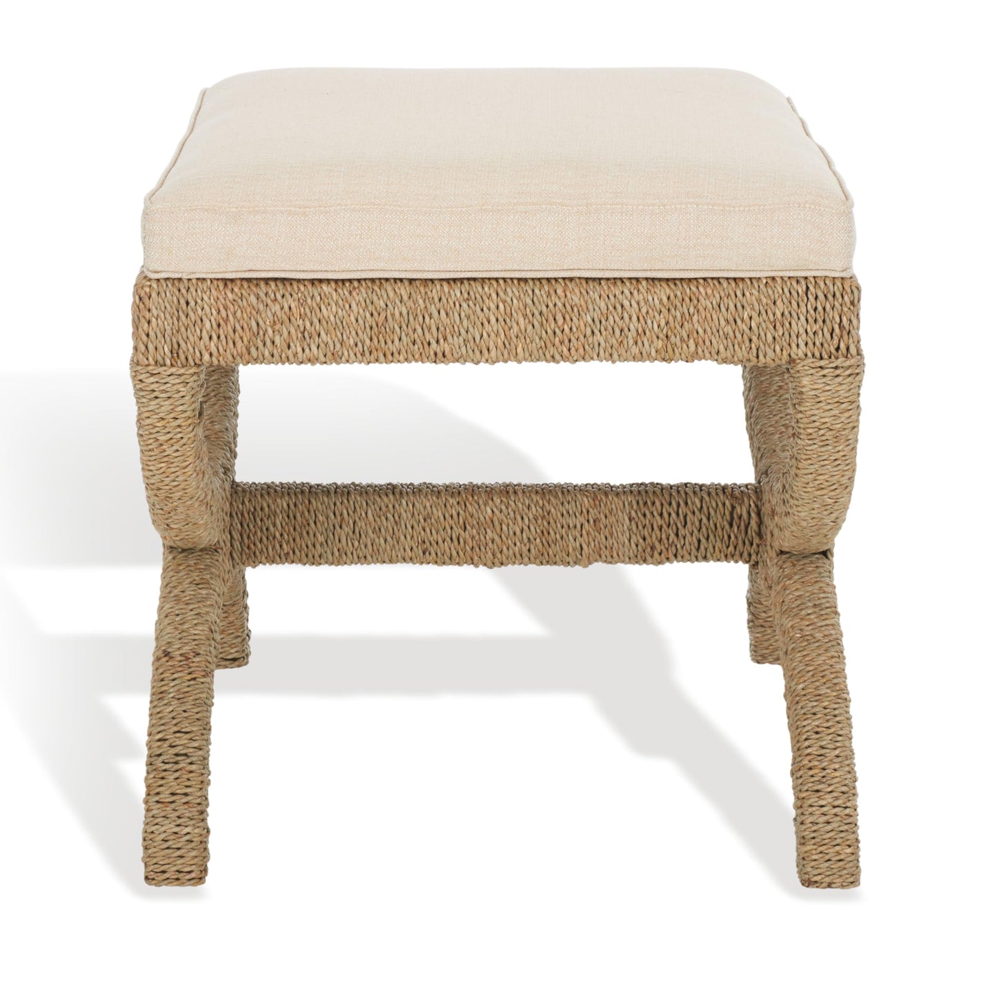 SAFAVIEH Couture Collection Aikan Coastal Natural/Beige Woven Seagrass Solid Wood Ottoman Foot Stool (Fully Assembled)