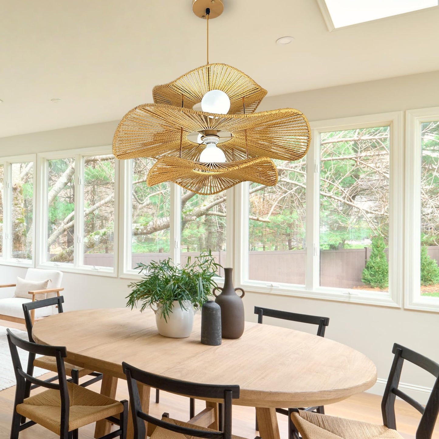 WHITECYGNET 24in Farmhouse Rattan Chandeliers Dining Room 3-Tier Large Wicker Chandelier Living Room Boho Light Fixture Rattan Pendant Lights Kitchen Island Woven Hanging Lighting for Bedroom