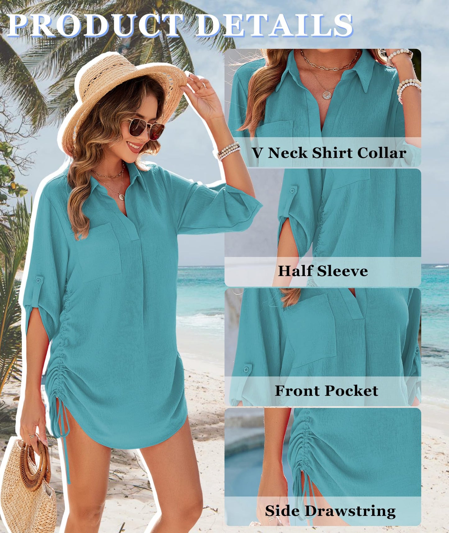 Urchics Swimsuit Coverup for Women 2025 Drawstring V Neck Bikini Swimwear Beach Cover Up Beach Shirt Dress Aqua Blue 2XL