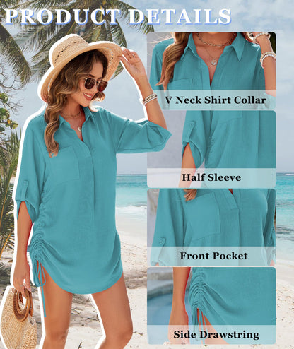 Urchics Swimsuit Coverup for Women 2025 Drawstring V Neck Bikini Swimwear Beach Cover Up Beach Shirt Dress Aqua Blue 2XL