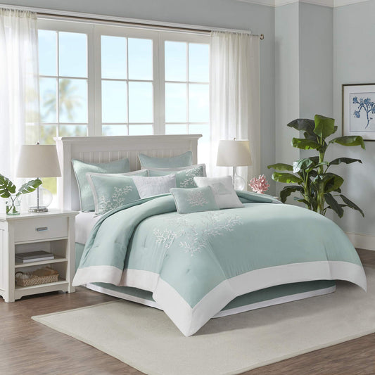 Harbor House Cotton Comforter Set - Coastal Oceanic Sealife Design, All Season Down Alternative Bedding with Matching Shams, Bedskirt, Queen(92"x96"), Coastline, Coral Aqua, 4 Piece