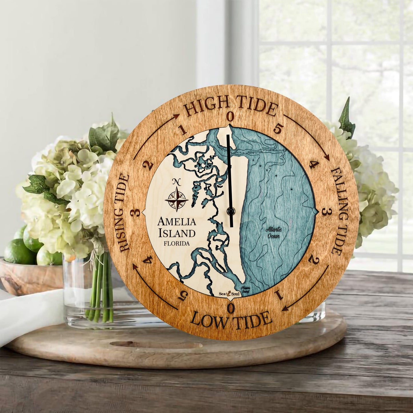 Sea & Soul Amelia Island Tide Clock, 3D Water Depth Tidal Clock, Nautical Map High Tide Clock, Fisherman Gift, Coastal Décor, Nautical Décor (Birch/Blue Green)