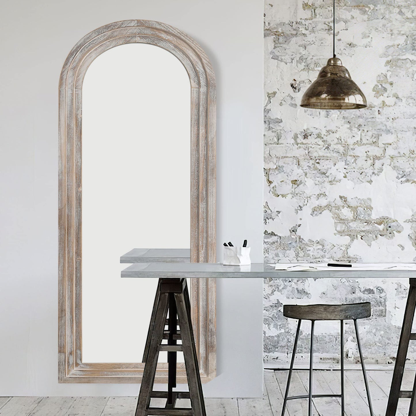 Trvone Arched Full Length Mirror - Solid Wood Frame Floor Mirror with Back Hooks for Vertical Hanging in Bedroom or Living Room (65"x22", Weathering White)