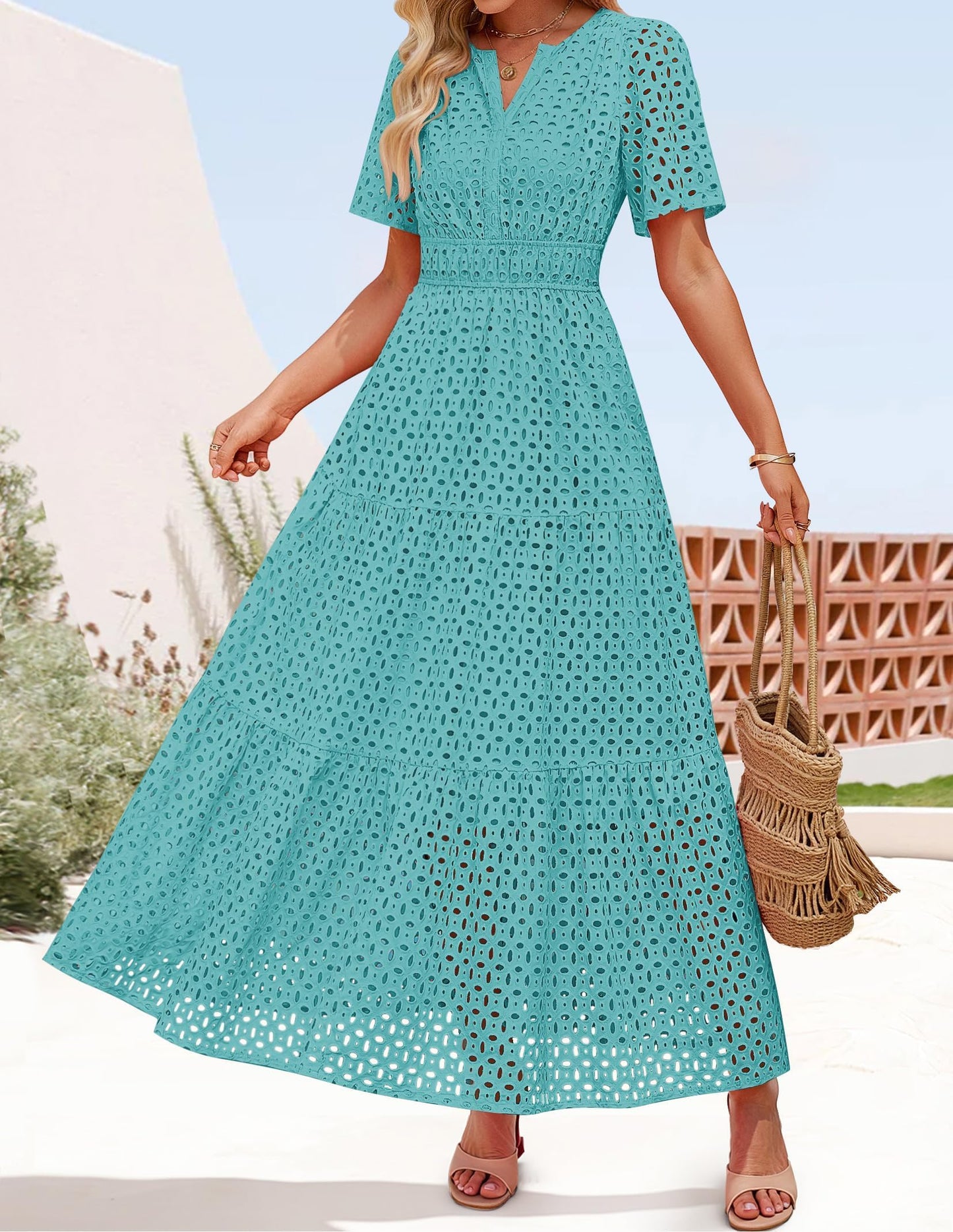 ZESICA Women's 2026 Summer Short Sleeve Maxi Dress Casual V Neck Hollow Out Eyelet Ruffle Swing A Line Long Dresses,Aqua,Large