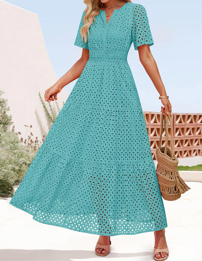 ZESICA Women's 2026 Summer Short Sleeve Maxi Dress Casual V Neck Hollow Out Eyelet Ruffle Swing A Line Long Dresses,Aqua,Large