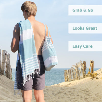 Cohzi Turkish Beach Towel and Tote - Lightweight Beach Bag and Turkish Towel Set. Pool Towel and Carry Bag. Great for Travel, Picnic, Summer Essentials. Aqua