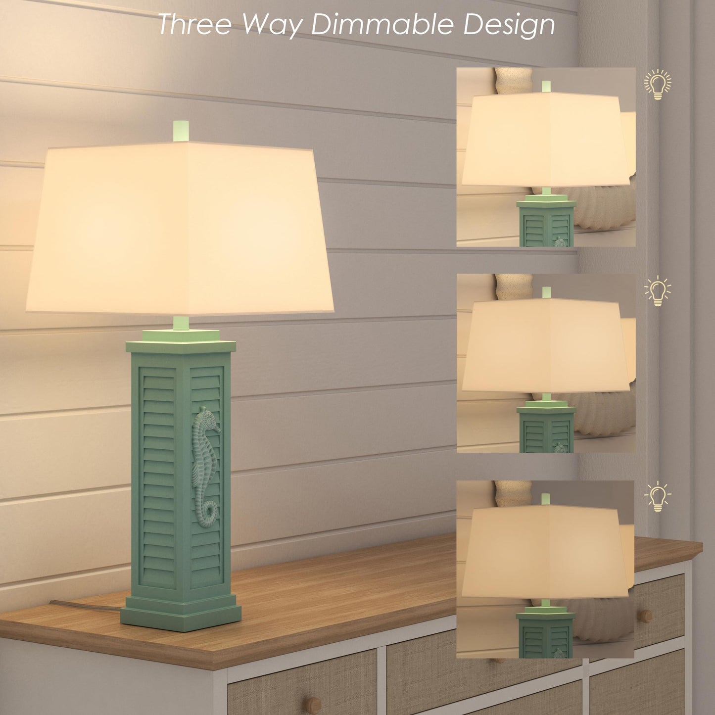 Lux Lighting Sea Horse Shutter 32” Teal Blue/Green Coastal Lamp with USB Charging Port (Set of 2) 3-Way Switch