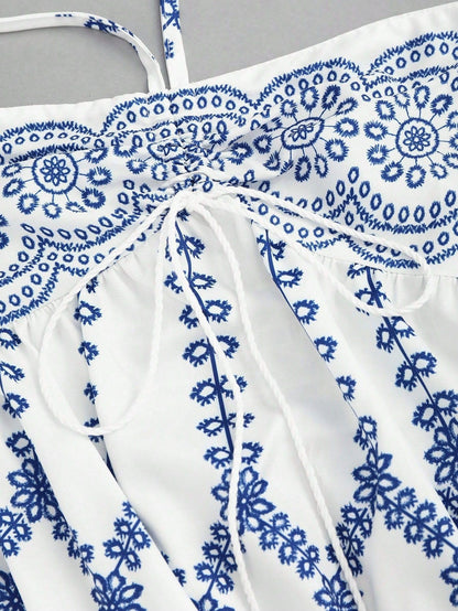 SKAYS Women's Summer Dress Halter Boho Maxi Dress Hawaii Vacation Beach Floral Print Outfits Backless Casual Elegant Party Blue XL