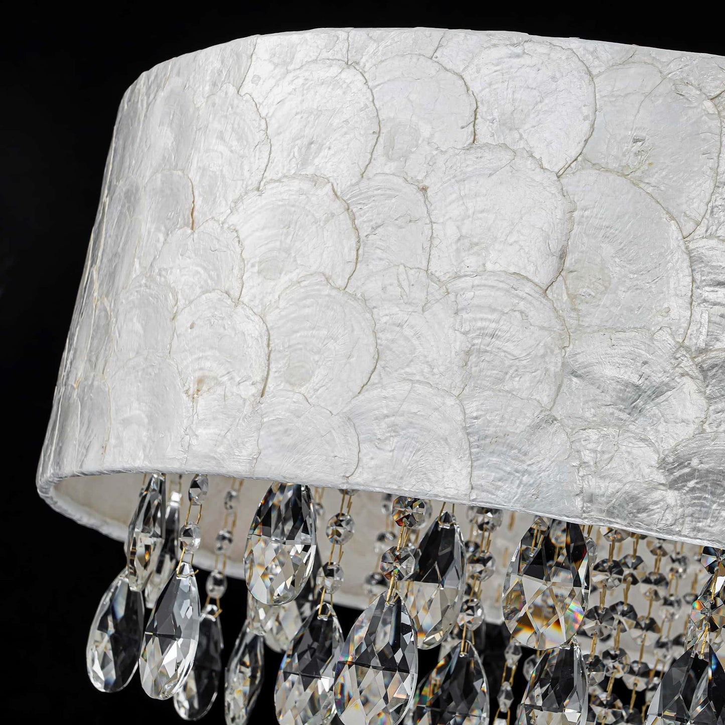 LumFurn 6-Light Drum Capiz Shell Crystal Chandeliers, Coastal Style Pendant Light Fixture for Dining Room, Living Room, D24 x H23~71 inch(Adjustable), Shell Lampshade & Gold Finish