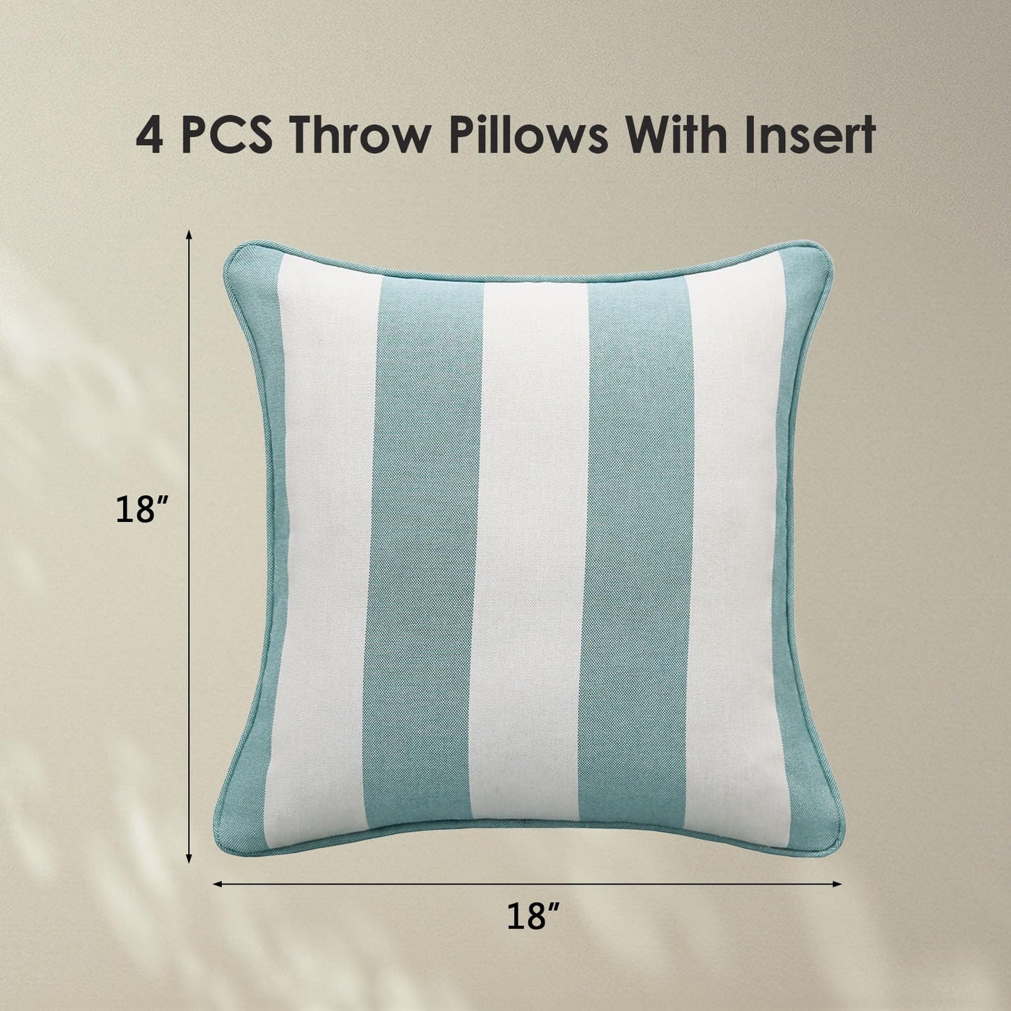 Decorative Outdoor Water Repellent Throw Pillows with Inserts, Set of 4, 18" x18" Pillows for Patio, Backyard, Bed, Couch, and Patio Furniture, Turquoise Stripe