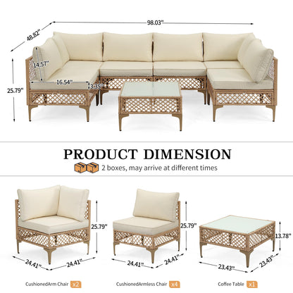 FHFO 7 Piece Patio Furniture Set, Outdoor Wicker Modular Sectional Patio Conversation Set with Thicker Cushion & Tempered Glass Coffee Table for Backyard, Poolside, Porch (Yellow/Beige)