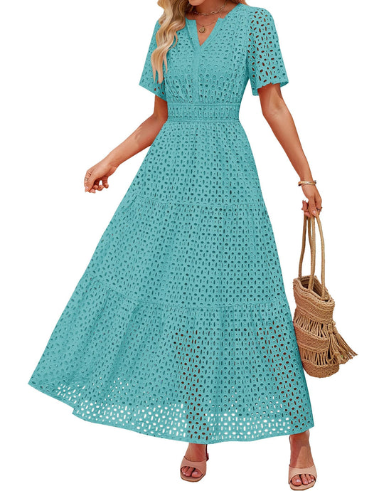 ZESICA Women's 2026 Summer Short Sleeve Maxi Dress Casual V Neck Hollow Out Eyelet Ruffle Swing A Line Long Dresses,Aqua,Large