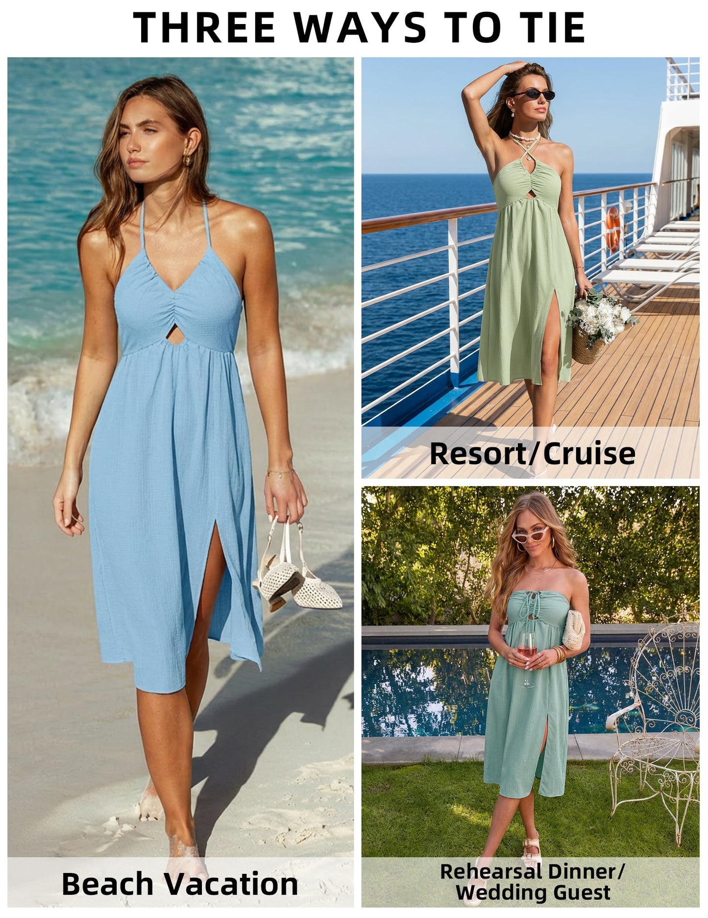 Zelroxa Women's Summer Halter Beach Vacation Midi Dress Backless Sleeveless A Line Flowy Ruffle Hem Side Slit Cutout Cami Dresses Sundresses with Pockets 2026 Trendy Outfits Black