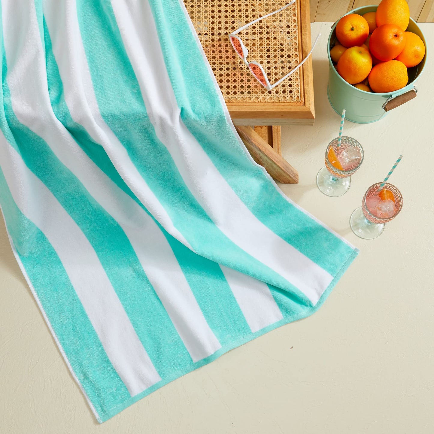 100% Cotton Velour Cabana Stripe Beach Towel Set 30" x 60" - Ultra Soft, Plush, & Highly Absorbent Towels for Pool, Beach, & Swimming. Marina Collection (4-Pack, Sea Green)