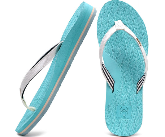 KuaiLu Womens Fashion Flip Flops Ladies Lightweight Summer Beach Yoga Mat Thong Sandals with Comfortable Arch Support Blue White Size 11