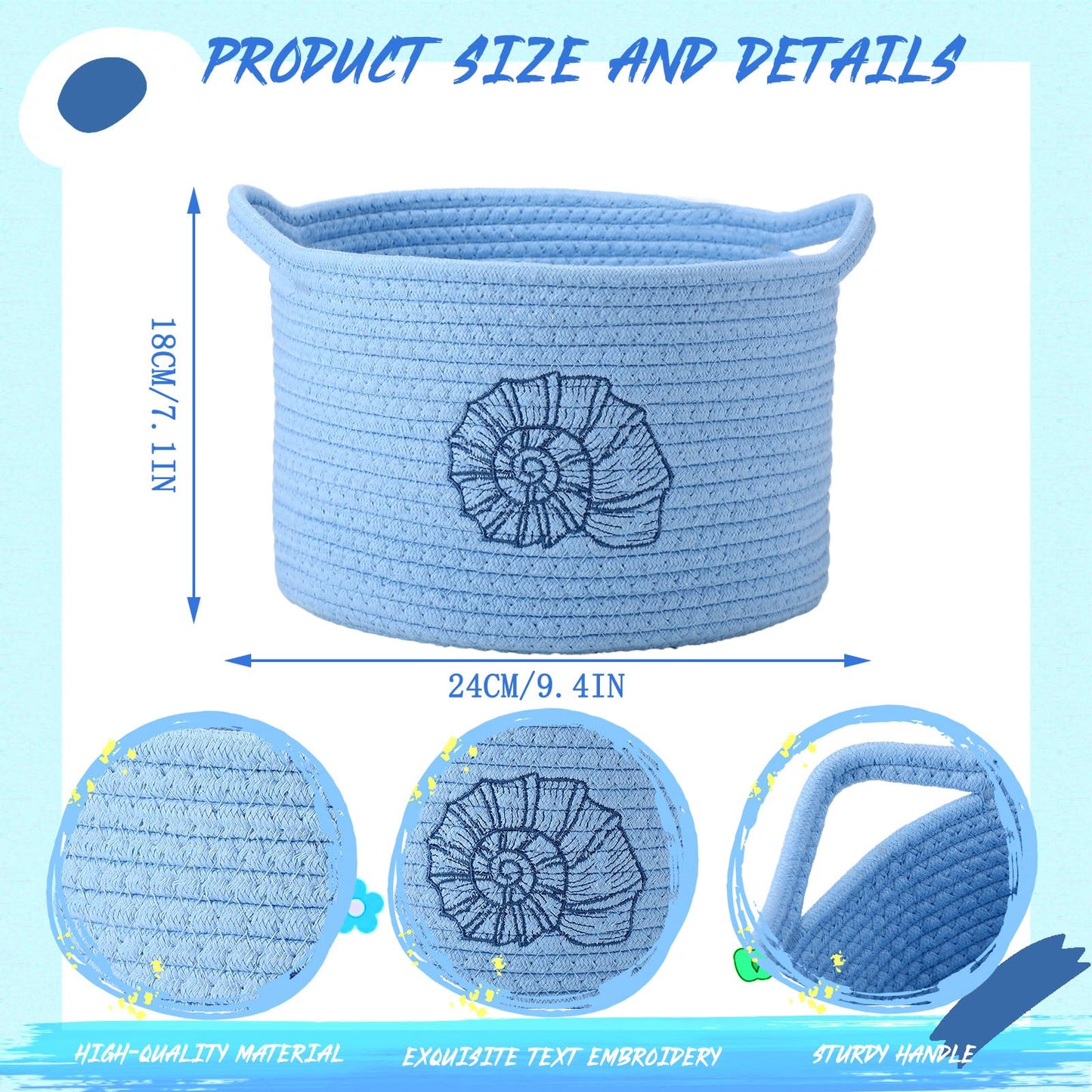 Vesici 3 Pcs Coastal Seashell Starfish Woven Baskets Blue White Green Beach Small Cotton Rope Storage Basket 9.7'' x 7.1'' Laundry Organizer with Handles for Toys Clothes Organization Nursery Bedroom
