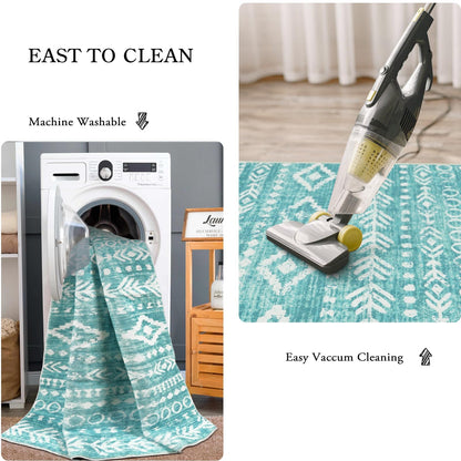 Lahome 2x3 Rustic Geometric Teal/White Area Rug, Machine Washable, Non-Slip Backing, Boho Print Design, Ultra-Thin Soft Indoor Entrance Rug