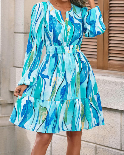 BTFBM Long Sleeve Dress for Women 2026 Spring Summer Mini Elastic Waist Floral Boho Beach Vacation Wedding Guest Dresses(Floral Blue Green, XX-Large)