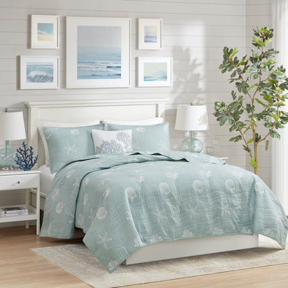 Harbor House Seaside Reversible Cotton Quilt Set Coastal Clam, Starfish, Coral Embroidery, All Season, Pre-Washed Coverlet Bedding Layer, Decorative Pillow, King/Cal King(108"x90") Seafoam 4 Piece